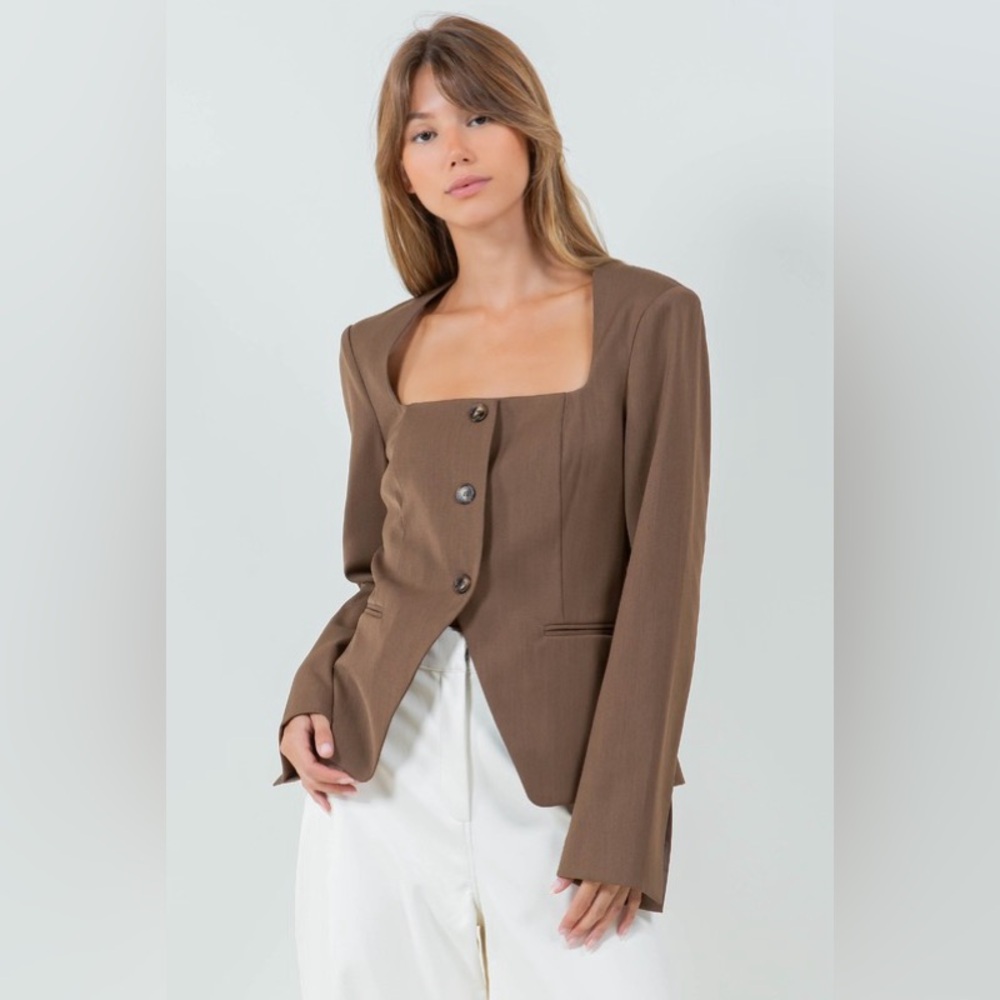 Structured Woven Button Down Blazer in Brown